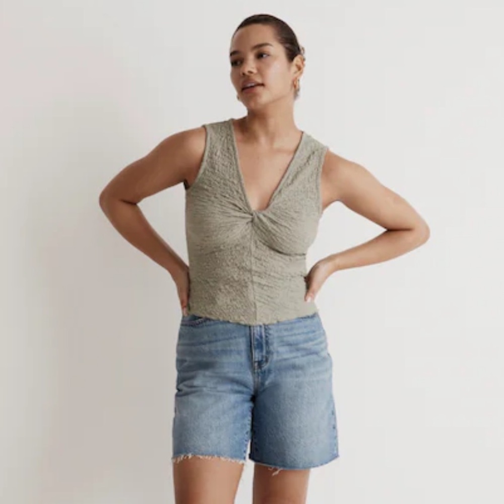 Madewell Sage Green Popcorn-Knit Twist-Front Sleeveless Top